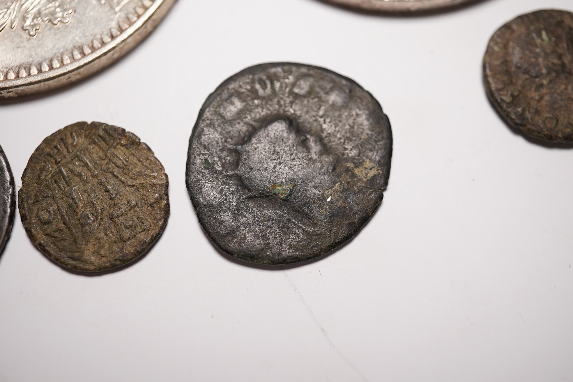 Two fifty Franc silver coins and four Roman AE coins. Condition - as per images